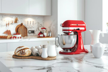 Red stand mixer and baking ingredients in bright modern kitchen on white marble counter top