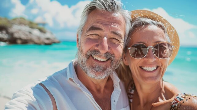 Happy smiling middle-aged couple on the tropical beach by the ocean. Two loving people enjoying vacation together