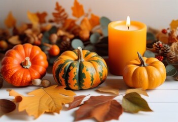 A flat lay of pumpkins, candles, and dried leaves on a white background