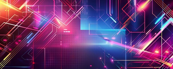 Blank area on a neon geometric discount banner, vibrant shapes and lines, urban setting, futuristic design