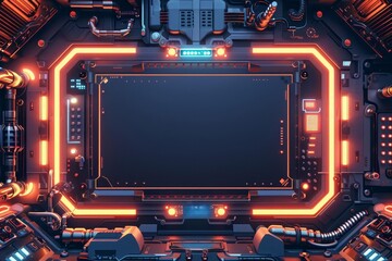 Obraz premium Blank area on a retrofuturistic Black Friday banner, vintage scifi elements, dark background, nostalgic yet modern