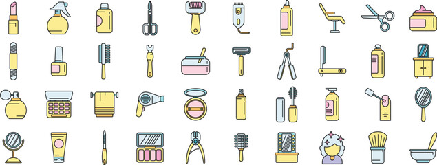 Beauty parlor icons set outline vector. Makeup artist. Bridal care thin line color flat on white