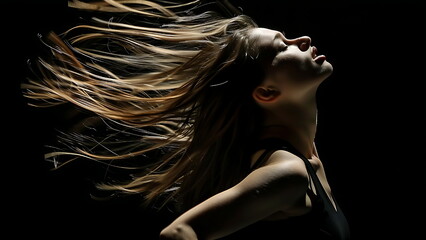 Blonde woman dancing isolated on black