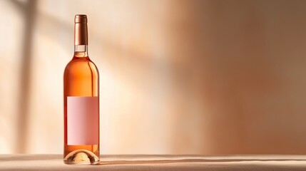 Obraz premium Bottle of rose wine with blank label on a wooden table. Template for a vineyard or wine shop. Romantic concept, banner with copy space.