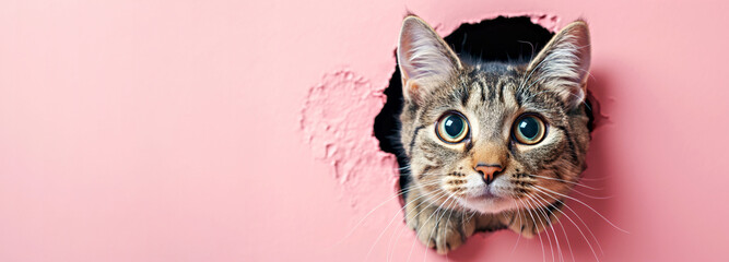Curious Tabby Cat Peeking Through Torn Pink Paper . Adorable Pet Expression. International cat day concept