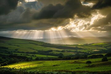 Obraz premium Dramatic landscape photograph of a sun drenched Valley wrapped by heavy storm clouds, with fields and hilly greenery under a dark sky. Yorkshire Dales UK