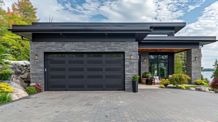 Modern grey garage door with stone wall facade, residential architecture, clean and contemporary design, ideal for real estate and home improvement visuals