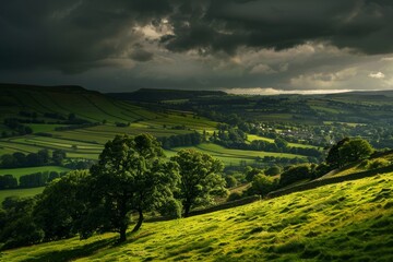 Dramatic landscape photograph of a sun drenched Valley wrapped by heavy storm clouds, with fields and hilly greenery under a dark sky. Yorkshire Dales UK