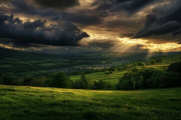 Dramatic landscape photograph of a sun drenched Valley wrapped by heavy storm clouds, with fields and hilly greenery under a dark sky. Yorkshire Dales UK