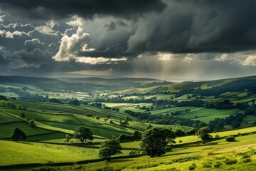 Obraz premium Dramatic landscape photograph of a sun drenched Valley wrapped by heavy storm clouds, with fields and hilly greenery under a dark sky. Yorkshire Dales UK