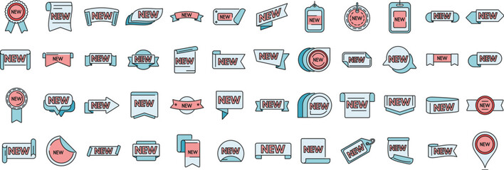 New price icons set outline vector. Sale discount. New deal thin line color flat on white