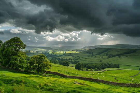 Dramatic landscape photograph of a sun drenched Valley wrapped by heavy storm clouds, with fields and hilly greenery under a dark sky. Yorkshire Dales UK