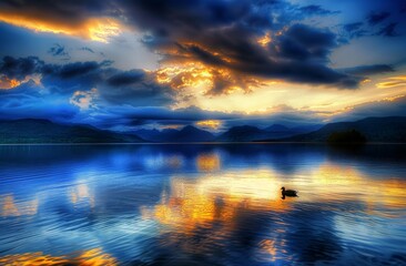 Fototapeta premium Dramatic sky over the lake at dusk, with dark storm clouds gathering and reflecting on calm waters. A lone duck glides across the water below, adding an element of movement to the scene