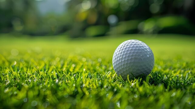 Closeup of a golf ball on the grass, ready for a perfect shot, ideal for golf club promotions and sports magazine covers