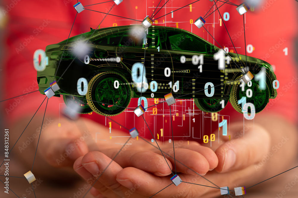 Poster autonomous car with hud graphic of navigation system driving