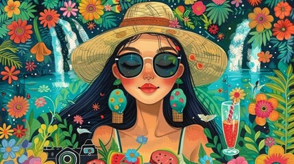 Illustration of a woman with curly hair wearing a hat and sunglasses, surrounded by tropical elements and vibrant colors.
