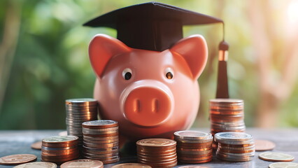 pink piggy bank wearing a graduation cap. educational cost savings concept