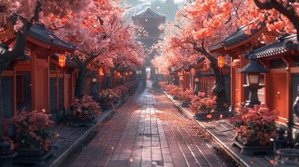 Obraz premium Serene Street In Japanese Town With Cherry Blossoms