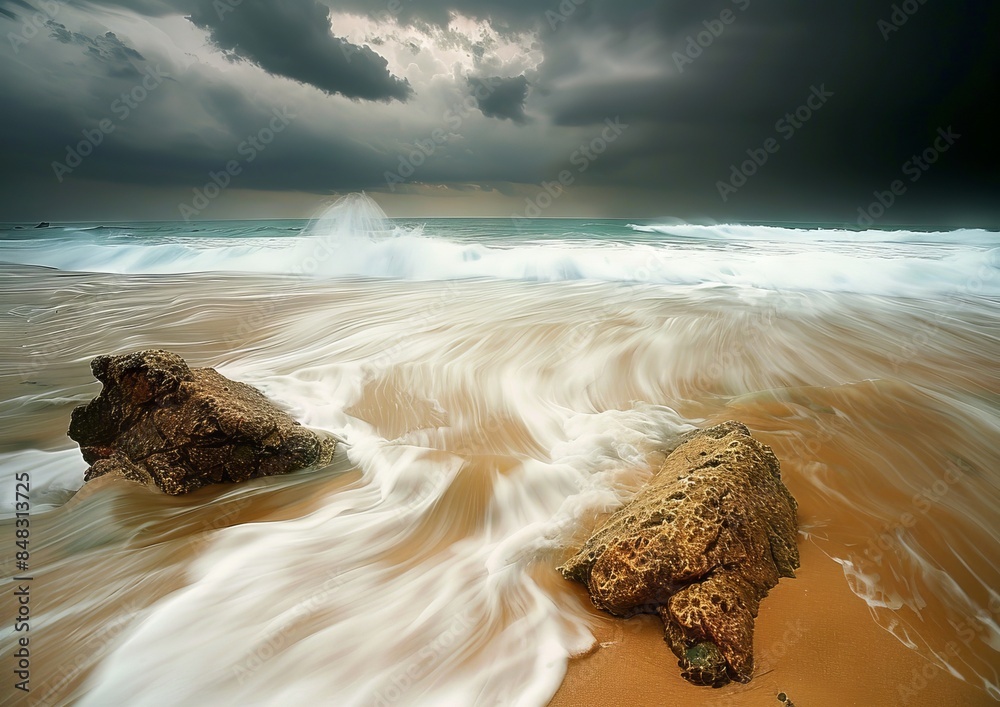Wall mural Beach interacting with rocks and waves in dramatic lighting, high contrast, stormy weather, dark clouds, mist on the water - Wall murals