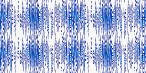 Indigo ikat dye stripe marled seamless border. Asian style wavy distort weave print banner in modern blue white.