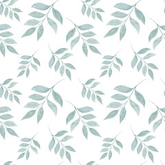Seamless watercolor floral pattern green leaves and branches composition on white background, perfect for paper, wallpapers, postcards, greeting card, wedding invitation, romantic events, scrapbooking