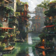 Futuristic urban landscape with lush vegetation and serene waterways in a vibrant community setting