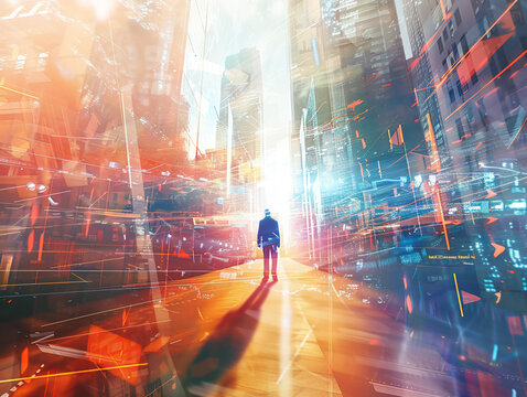 Interdimensional Explorer, shimmering portals, parallel realities merging, bustling cityscape, realistic photography, Backlights, Lens Flare