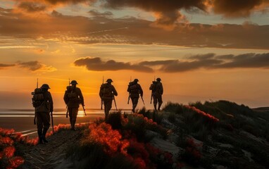 Fototapeta premium Soldiers Marching at Sunset on Beach