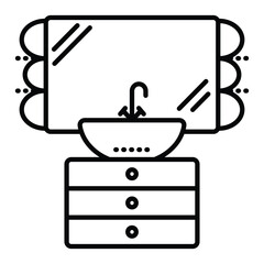 Washbasin, vanity unit and mirror, vector black line illustration, outline monochrome sign, editable stroke, pixel perfect