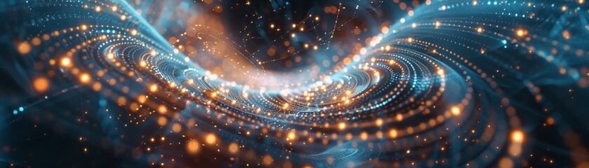 Obraz premium Quantum Particle, Glowing Threads, Ethereal, In a labyrinth of shifting realities, under a canopy of swirling lights, illuminating the essence of quantum consciousness Realistic