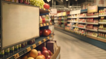 Empty space on a vintage discount banner, retro typography, supermarket scene, nostalgic charm