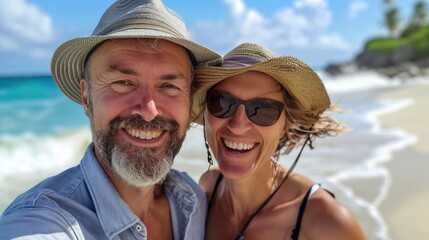 Happy elderly mature couple on the tropical beach by the ocean. Two seniors enjoying vacation together