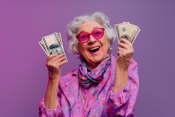 Portrait of stylish and happy senior woman in glasses with money in her hands on purple background