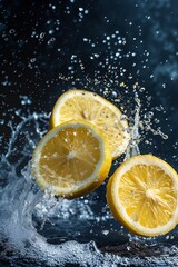 Lemon slices in water with splashes on dark background