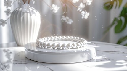 Original presentation of Elegant pearl necklace on white podium on white background, Space for text