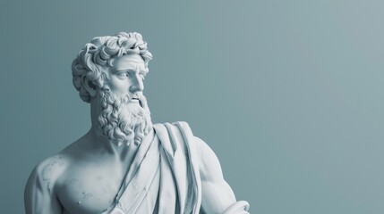 A white marble statue of a Greek god, captured against a soft blue backdrop
