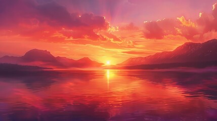 A breathtaking sunset over a tranquil lake with vibrant colors reflecting on the water, creating a serene and peaceful atmosphere.