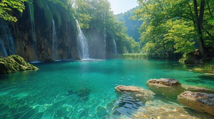 Mesmerizing view of a gentle waterfall cascading into an emerald green lake surrounded by a lush forest