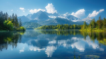A tranquil scene featuring a clear mountain lake with reflections of surrounding snowy peaks