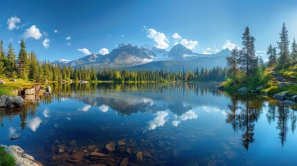 A breathtaking view of a mountain lake reflecting the sky and surrounding forested landscape under clear blue skies