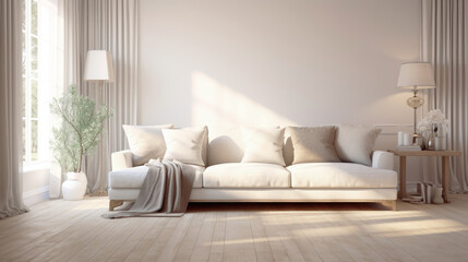 The interior of a cozy living room in light milky shades with a soft, comfortable sofa in the middle.
