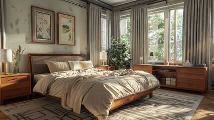Interior design of a aesthetic bedroom in a modern city apartment.
