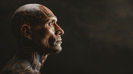 A tattooed man with a shaved head looks off to the side