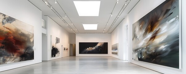 A contemporary art gallery with high ceilings and white walls, displaying a series of large, expressive paintings that create a dynamic visual experience.