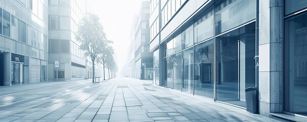 Obraz premium Modern empty city street with glass buildings and trees. Urban architecture with a serene, minimalist atmosphere captured in soft lighting.
