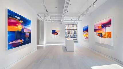 A contemporary art gallery with white walls and a bright, airy atmosphere, displaying a series of bold and colorful abstract paintings that add a touch of modernity to the space.