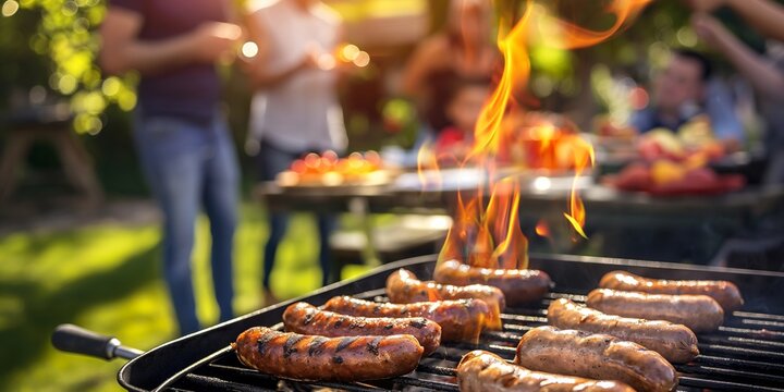 Grilling sausages on an outdoor barbecue with people in the background. Summer weekend and BBQ party concept. Banner with copy space.