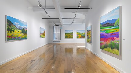 Obraz premium A contemporary art gallery with white walls and polished wooden floors, displaying a curated collection of vibrant landscape paintings that bring nature indoors.