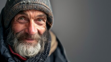An elderly homeless man with a kind smile