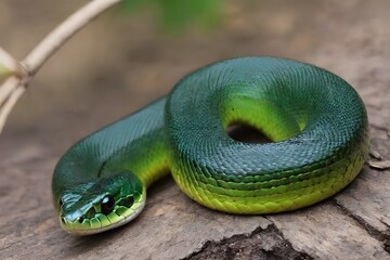 Fototapeta premium Green Snake looks into the camera symbol of the New Year 2025.